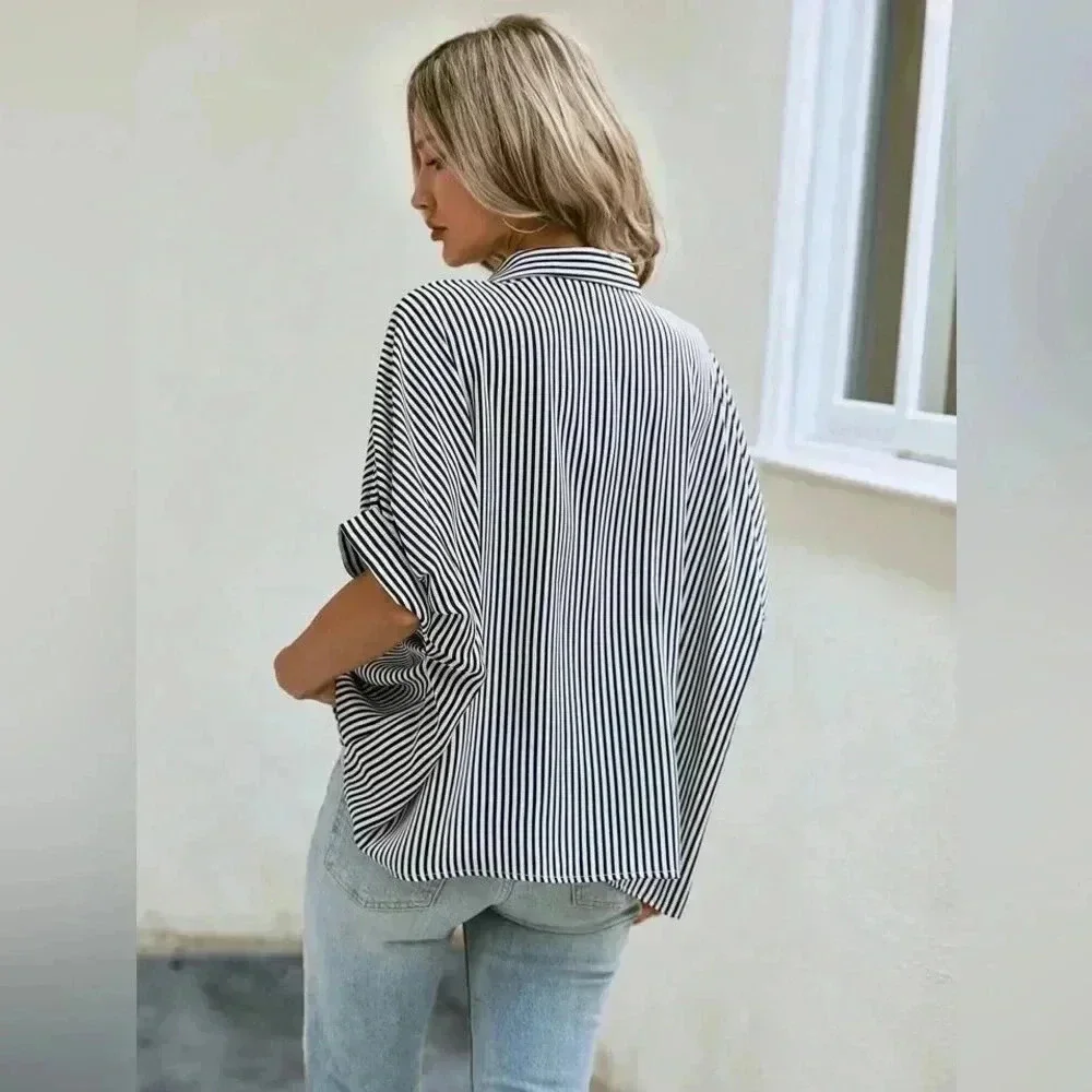 SHEIN Tall Striped Print Batwing Sleeve Shirt - Picture 3 of 4